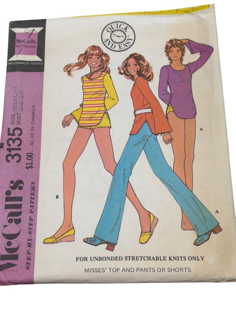McCalls 3135 Misses Sewing Pattern Top Pants & Shorts Bust 34-36 Medium 1972 Qui